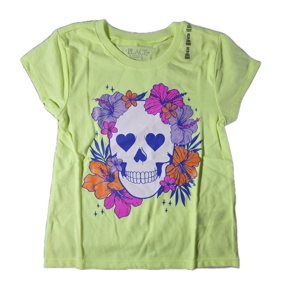 Childrens Place Lime Green Skull Shirt Halloween Childrens Place 7/8 - Picture 1 of 2